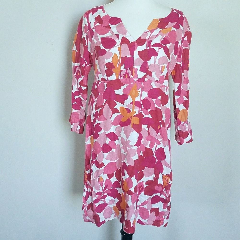 Boden Pink Floral Leaves Linen Dress Sz 6